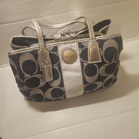 Coach Y2K Signature Stripe Kisslock Medium Tote Shoulder Handbag - Picture 2 of 12